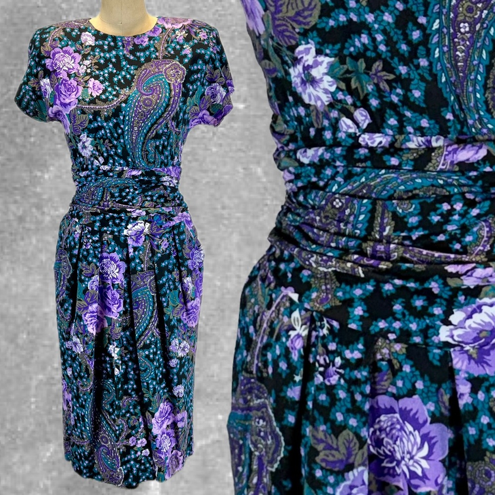 VINTAGE 80s moody floral dress hourglass column gathered waist short sleeve
